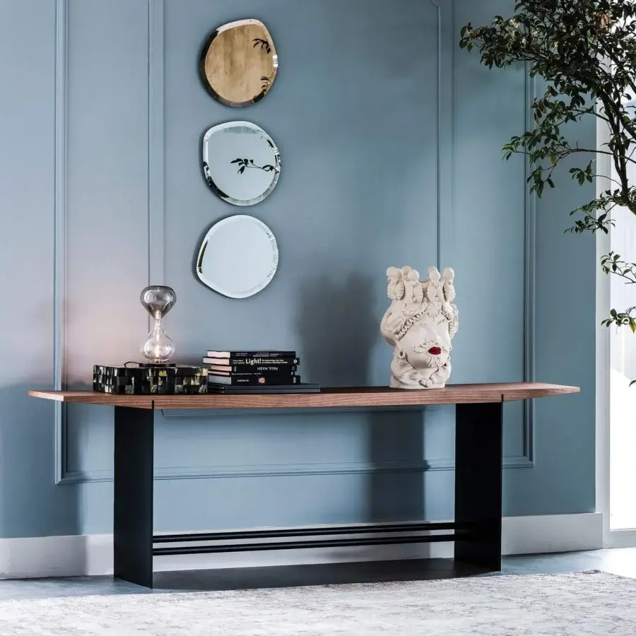 Elegant Cattelan Italia Trevi console in Canaletto walnut with black embossed lacquered steel base and smooth finish