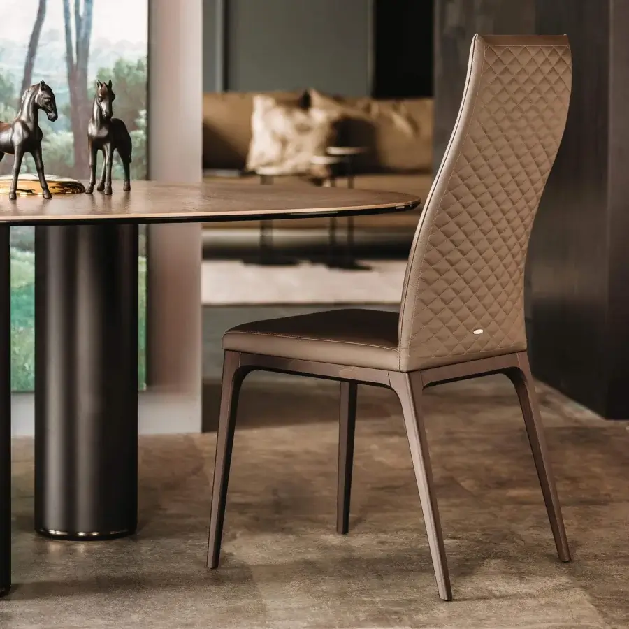 Superior Cattelan Italia Arcadia Couture chair with quilted dark brown upholstery and satin natural beech wood base