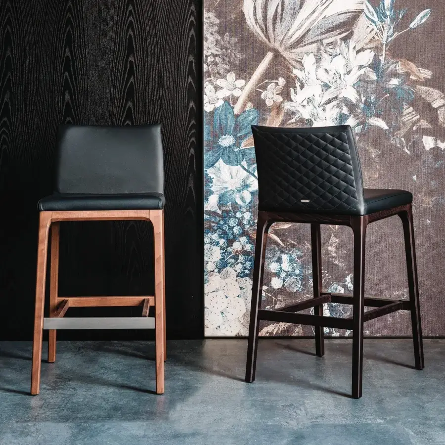 Distinguished Cattelan Italia Arcadia Couture stool with quilted black leather upholstery and matte natural beech wood frame