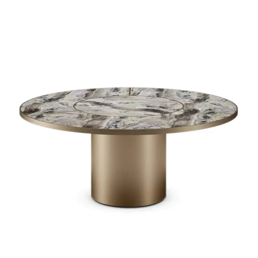 Circular surface with gray, beige and green veining rests on a gradient metallic cylindrical base