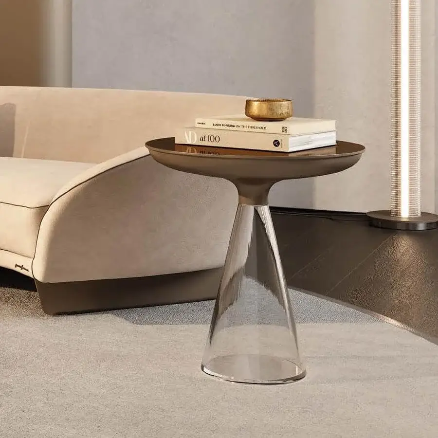 Distinctive Reflex Accademia side table with bronze mirror glass tabletop and brushed brass base in an hourglass silhouette