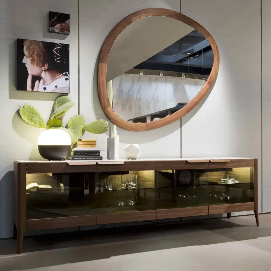 Distinguished Porada Giolo mirror crafted in solid Canaletto walnut with a smooth satin finish wood grain