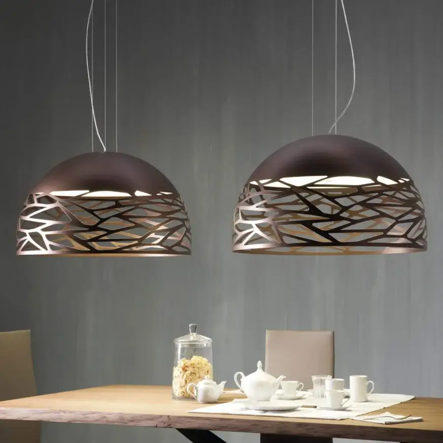 Superior Lodes Kelly Dome suspension lamp in glossy white glass with a textured brownish-bronze metal structure