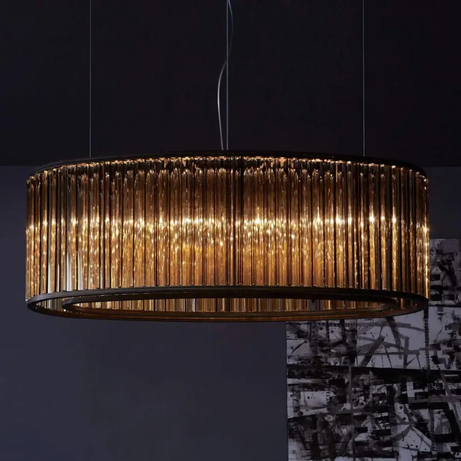 Distinguished VENICEM Crown suspension lamp with amber Murano blown glass trihedrons and matte black nickel finish