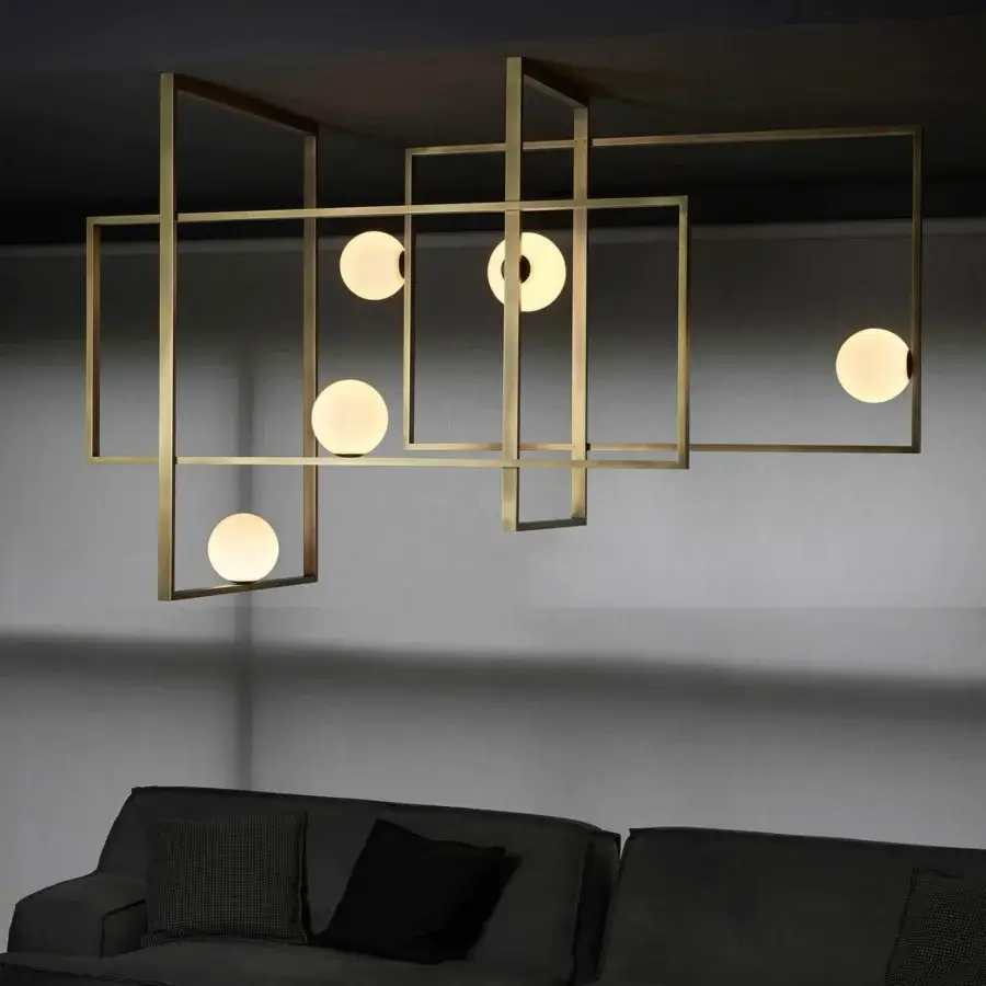 Distinguished VENICEM Mondrian ceiling lamp with burnished brass and refined white Murano blown glass diffusers exhibiting an aged finish