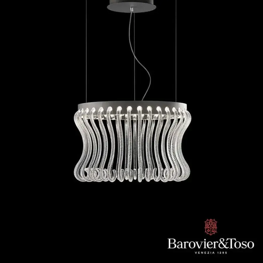Exceptional Barovier&Toso Crown suspension lamp crafted in clear Murano glass with matte gray metal rings
