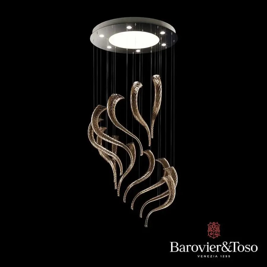 Exceptional Barovier&Toso Swing ceiling lamp with curving glass structures and a sleek chrome canopy exhibiting a warm golden-amber satin glow