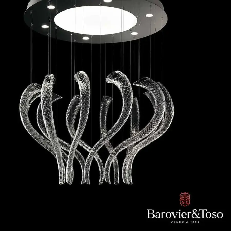 Distinguished Barovier&Toso Swing ceiling lamp crafted in curved surface-worked Murano glass with a chrome ceiling structure