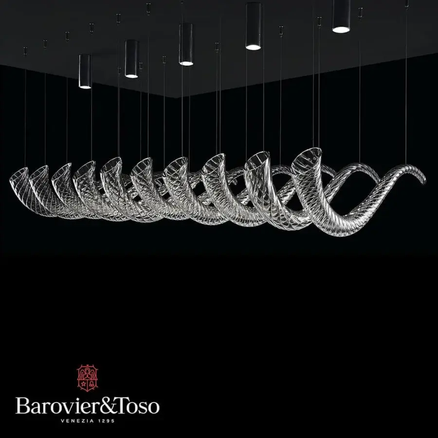 Luxury Barovier&Toso Swing ceiling lamp crafted in transparent Murano glass with integrated dimmable LED spotlights and chrome support