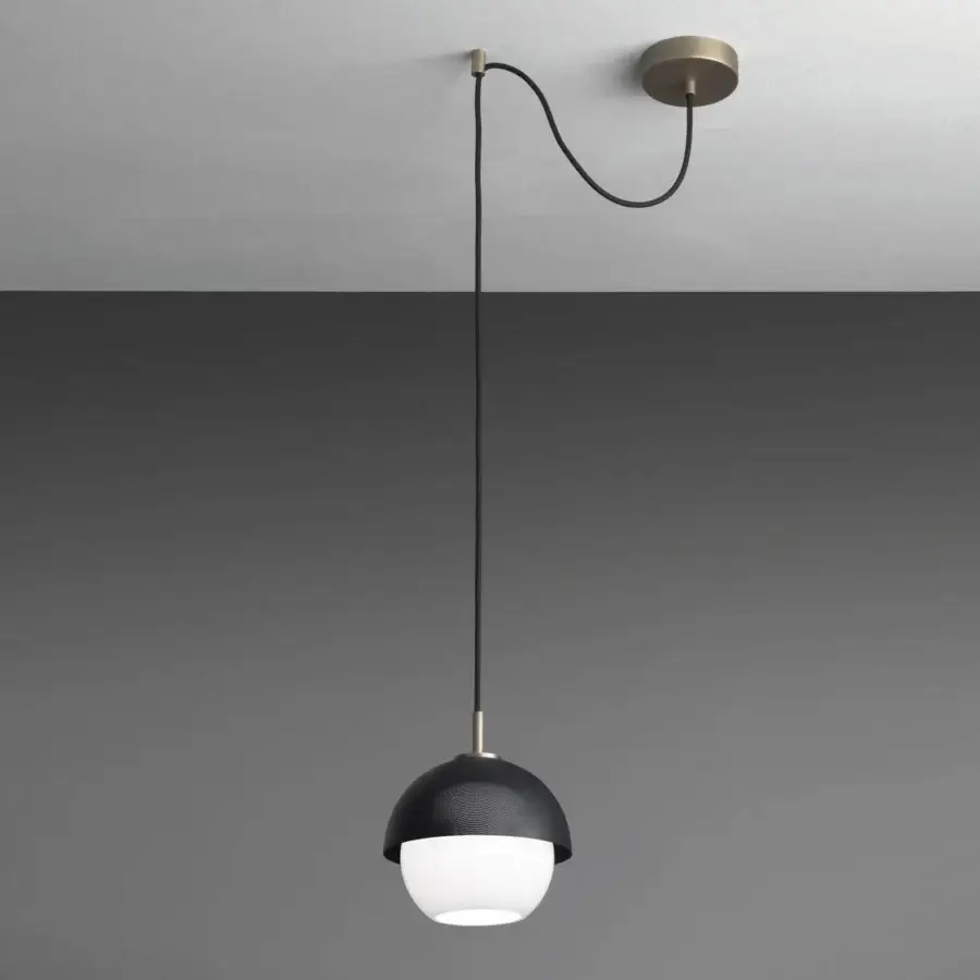 Elegant VENICEM Urban Suspension lamp with dark burnished brass and matt black perforated metal, including a white Murano glass diffuser