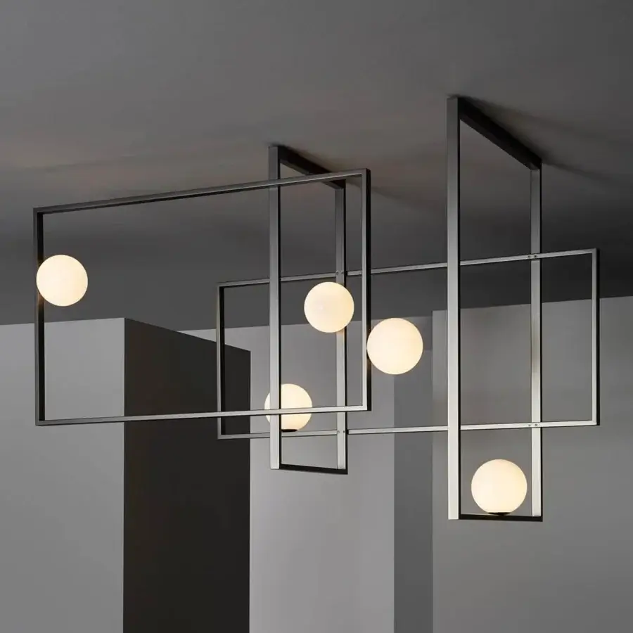 Exclusive VENICEM Mondrian glass ceiling lamp with a geometrically structured metal frame and refined white Murano blown glass in matte black nickel finish