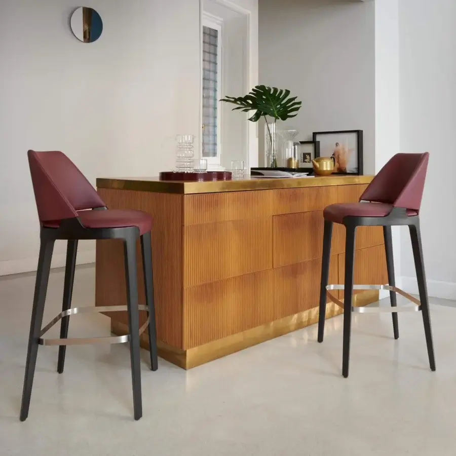 Exceptional Potocco Velis stool with burgundy textile upholstery and polished metallic accents crafted in ash or Canaletto walnut