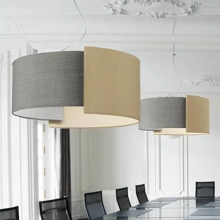 Distinguished Modo Luce Alco suspension lamp with embracing shapes and soft stitched textiles in medium gray and warm beige hues