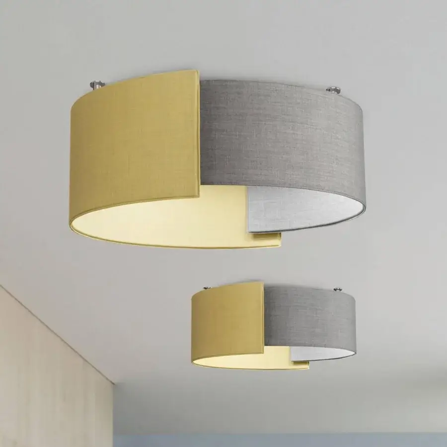 Exceptional Modo Luce Alco ceiling lamp with softly stitched fabric shades in muted gold-yellow and medium gray tones