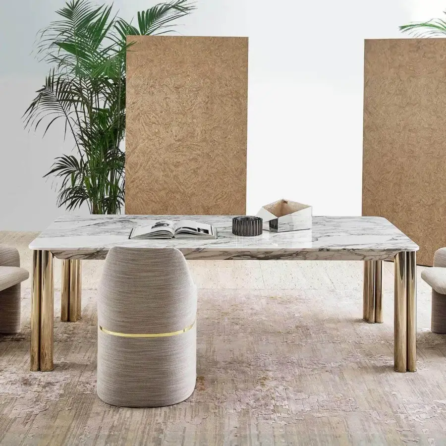 Exclusive Rugiano Forest table with polished marble tabletop and elegantly welded golden metal legs