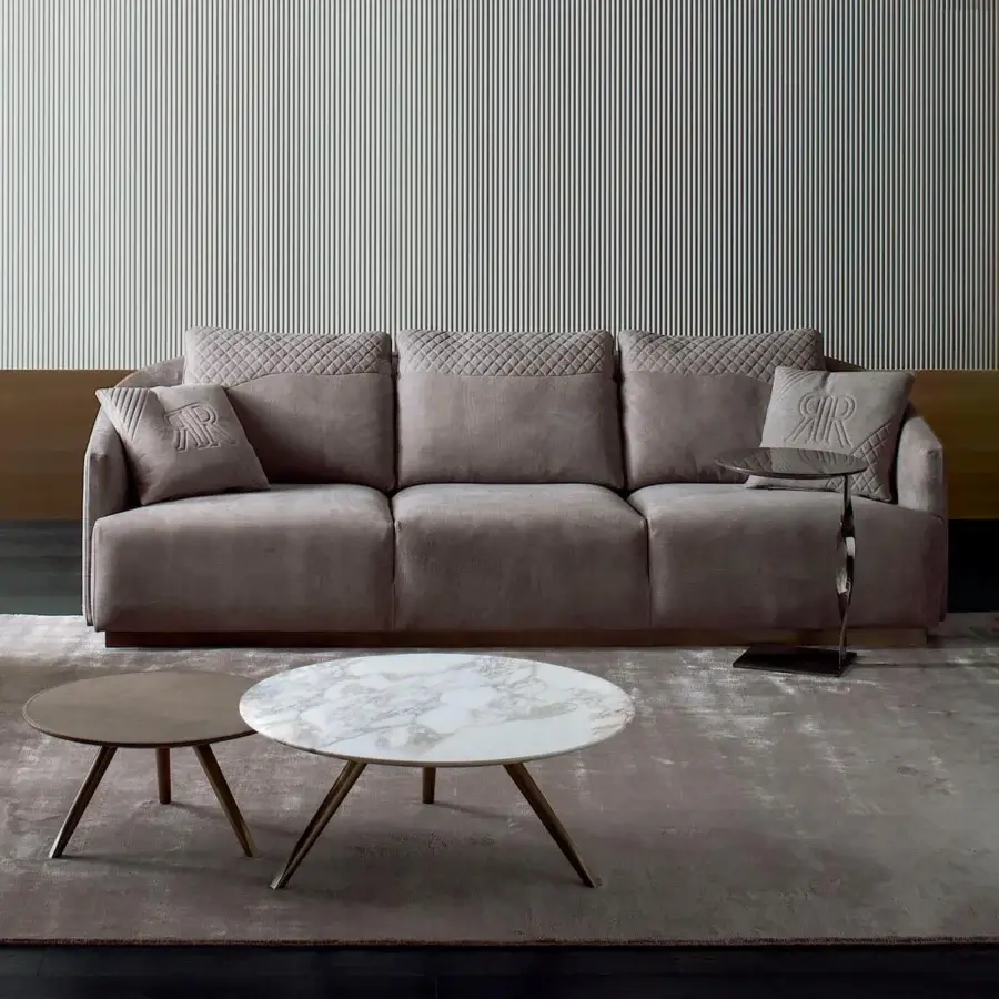 Exceptional Rugiano Opera sofa with muted taupe textured fabric upholstery and sleek dark metal base