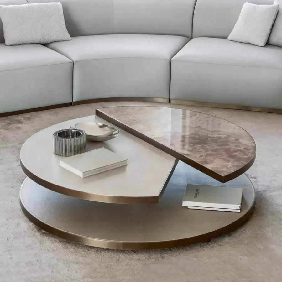 Distinguished Rugiano Moon coffee table with dual-level mottled gray and beige glass and brushed golden-toned metal base