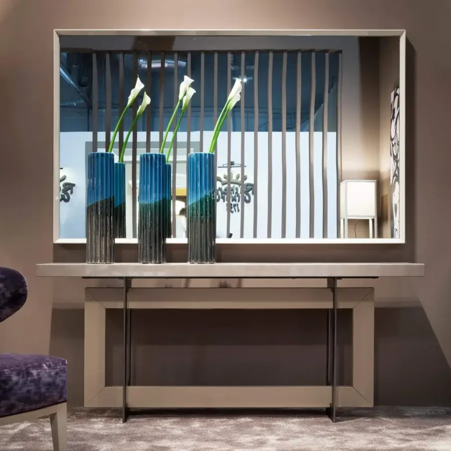 Distinguished Costantini Pietro Blade console with a light wood-tone tabletop and dark satin-finish metal grid base