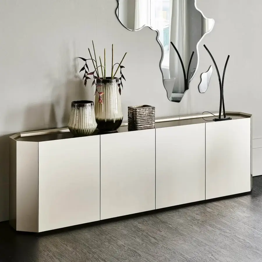 Distinguished Cattelan Italia Chelsea sideboard with a matt lacquered wood body and bronze mirrored glass top crafted with clear glass shelving