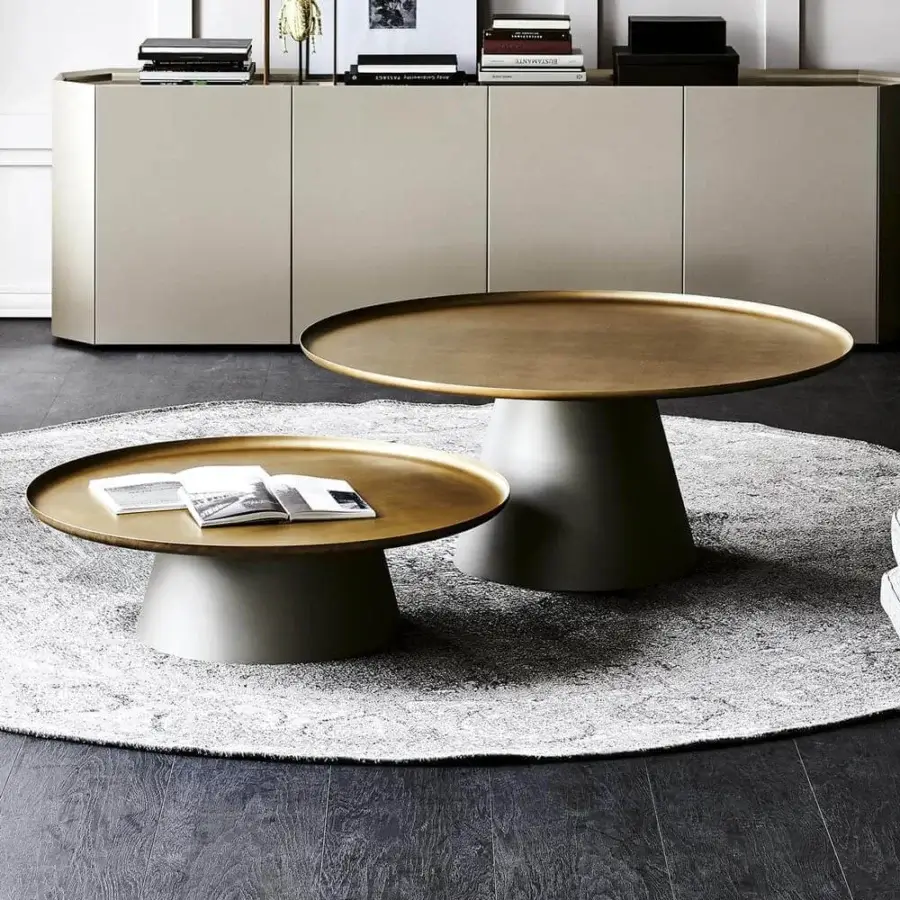 Distinguished Cattelan Italia Amerigo coffee table with titanium embossed lacquered steel base and brushed brass lacquered steel top in layered form with satin finish