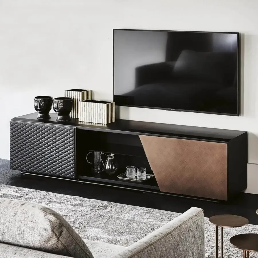 Elegant Cattelan Italia Aston TV stand crafted with titanium or black lacquered wood and brushed bronze details in a quilted synthetic leather finish