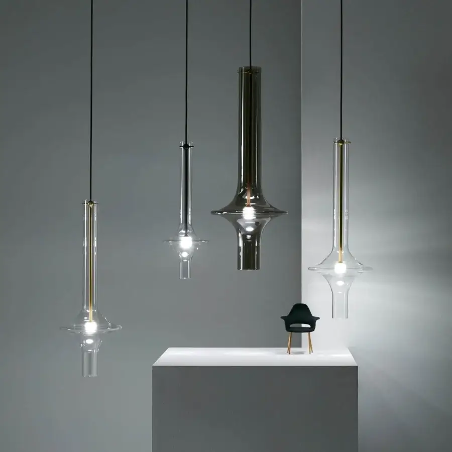 Superior Penta Wonder suspension lamp with muted gold matt varnished metal and transparent borosilicate glass shade