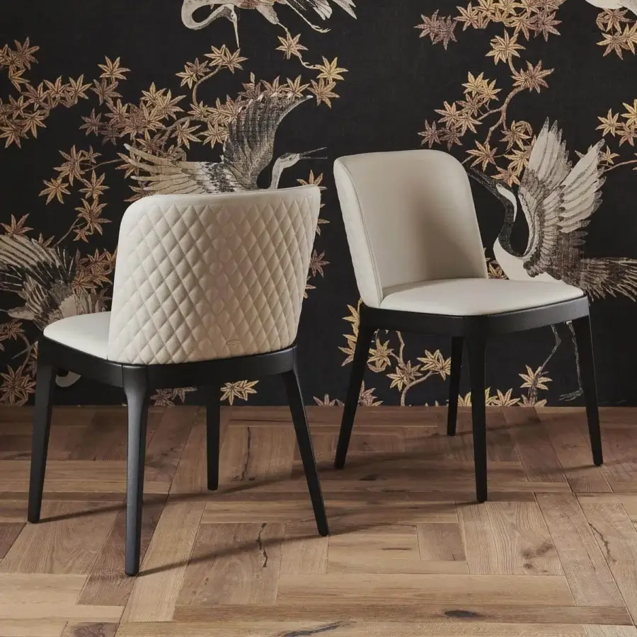 Distinguished Cattelan Italia Magda Couture chair with light beige textile and diamond-quilted backrest in dark matte wood finish