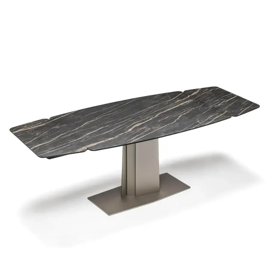Exceptional Cattelan Italia Duffy Keramik table with glossy Sahara Noir Marmi ceramic and graphite embossed steel base