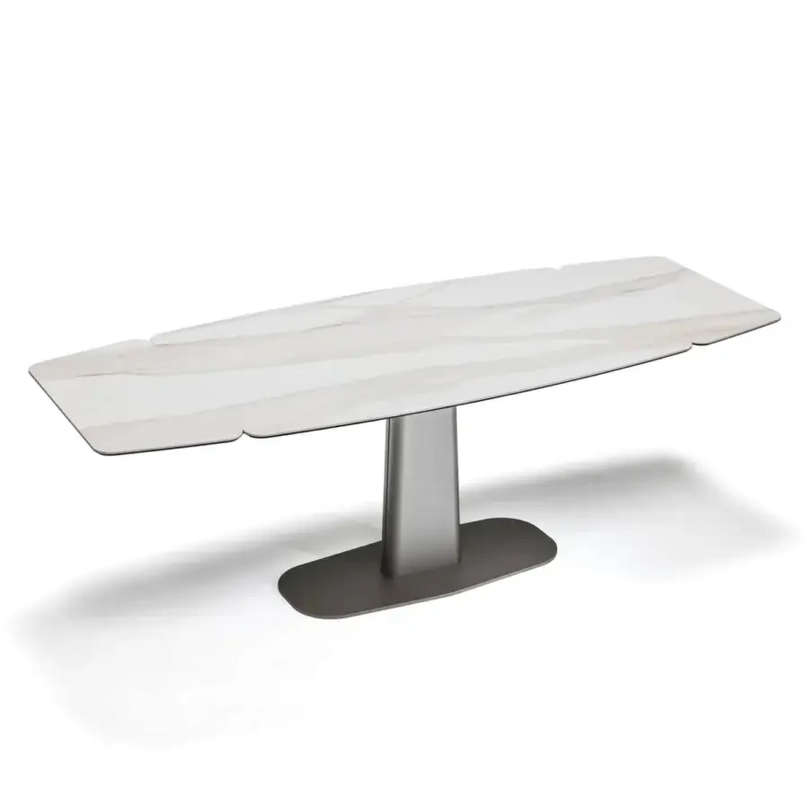 Elongated surface with mottled white and gray tones rests on a dark oval pedestal with a metallic column
