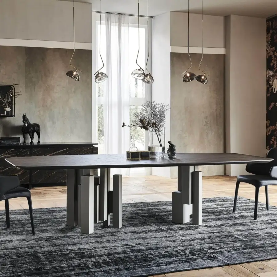 Elegant Cattelan Italia Skyline Wood table with Canaletto walnut top and graphite stacked columns in matte finish