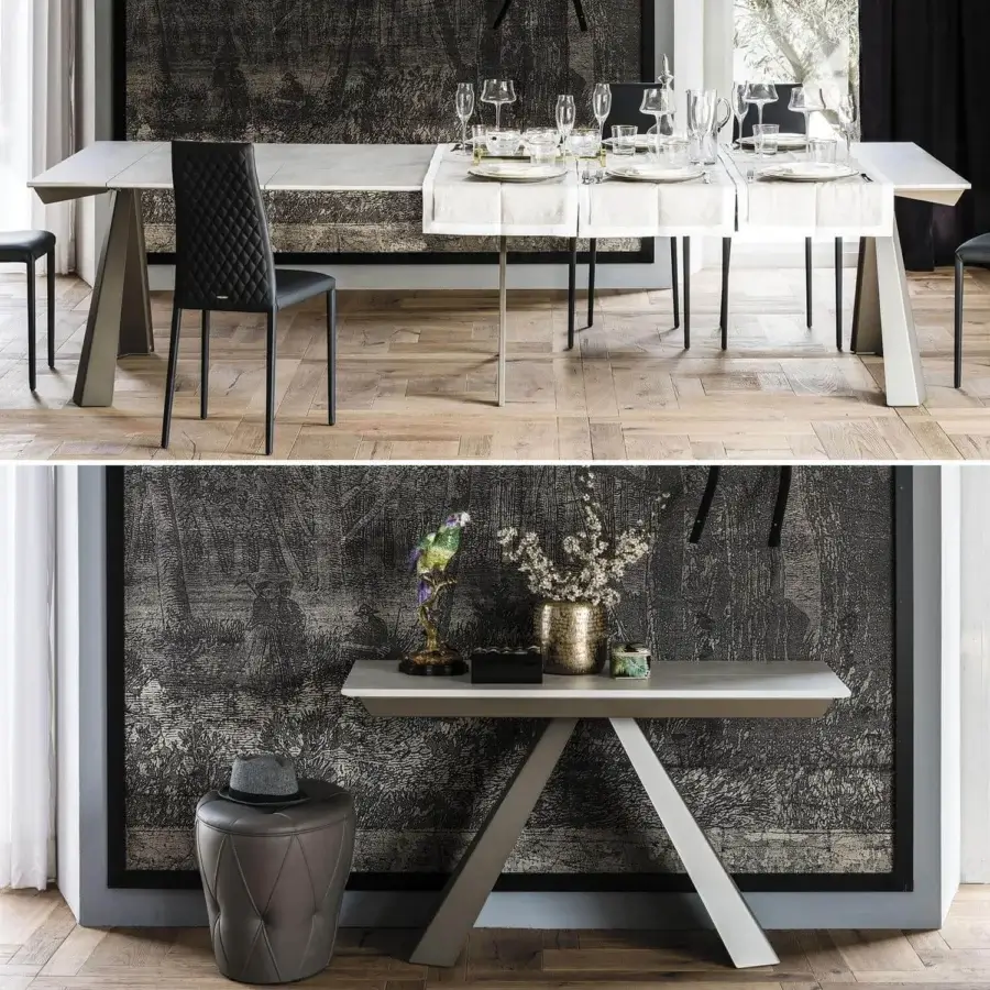 Exceptional Cattelan Italia Convivium extendable console crafted with titanium embossed steel and grey London Fenix laminated wood with textured finish