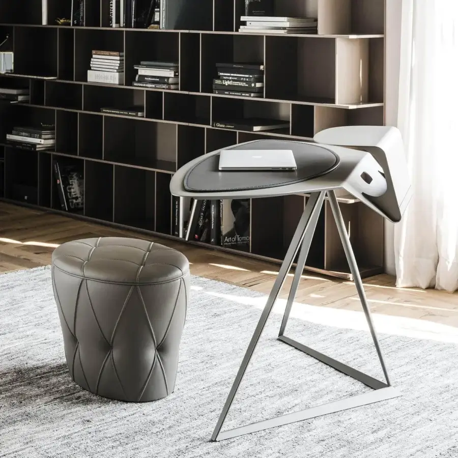 Exclusive Cattelan Italia Storm desk with titanium embossed lacquered steel and gray circular tabletop
