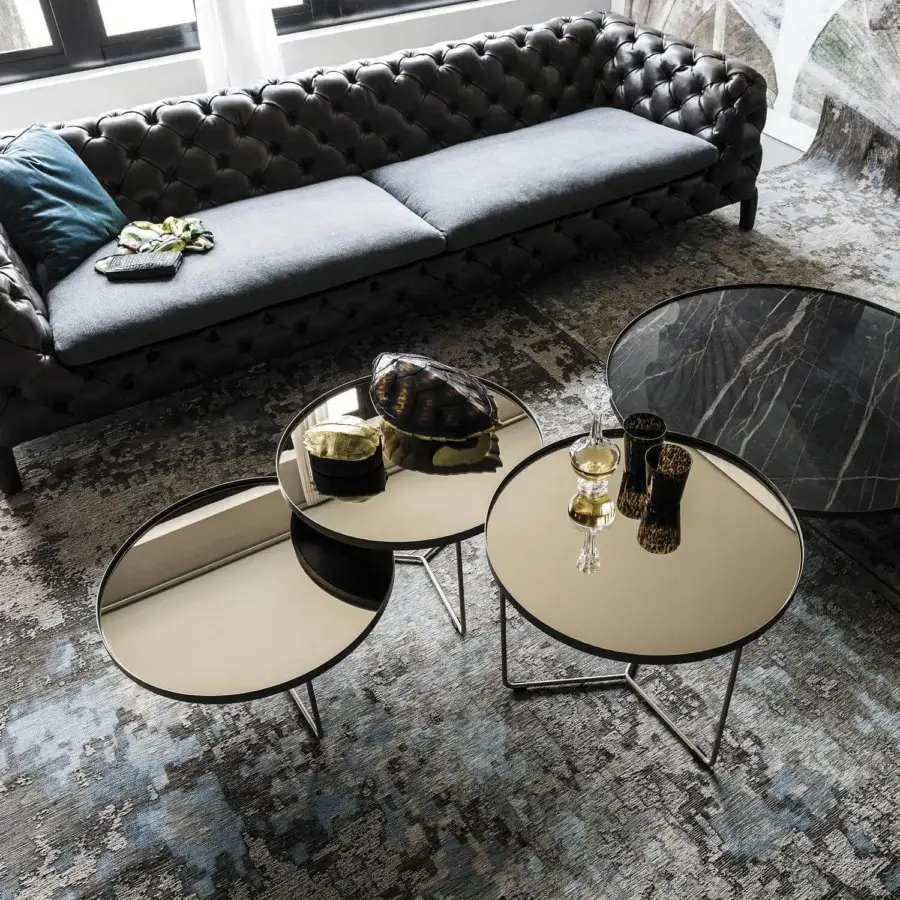 Exceptional Cattelan Italia Billy coffee table with tiered circular mirrored glass tops and brushed matte black metal base