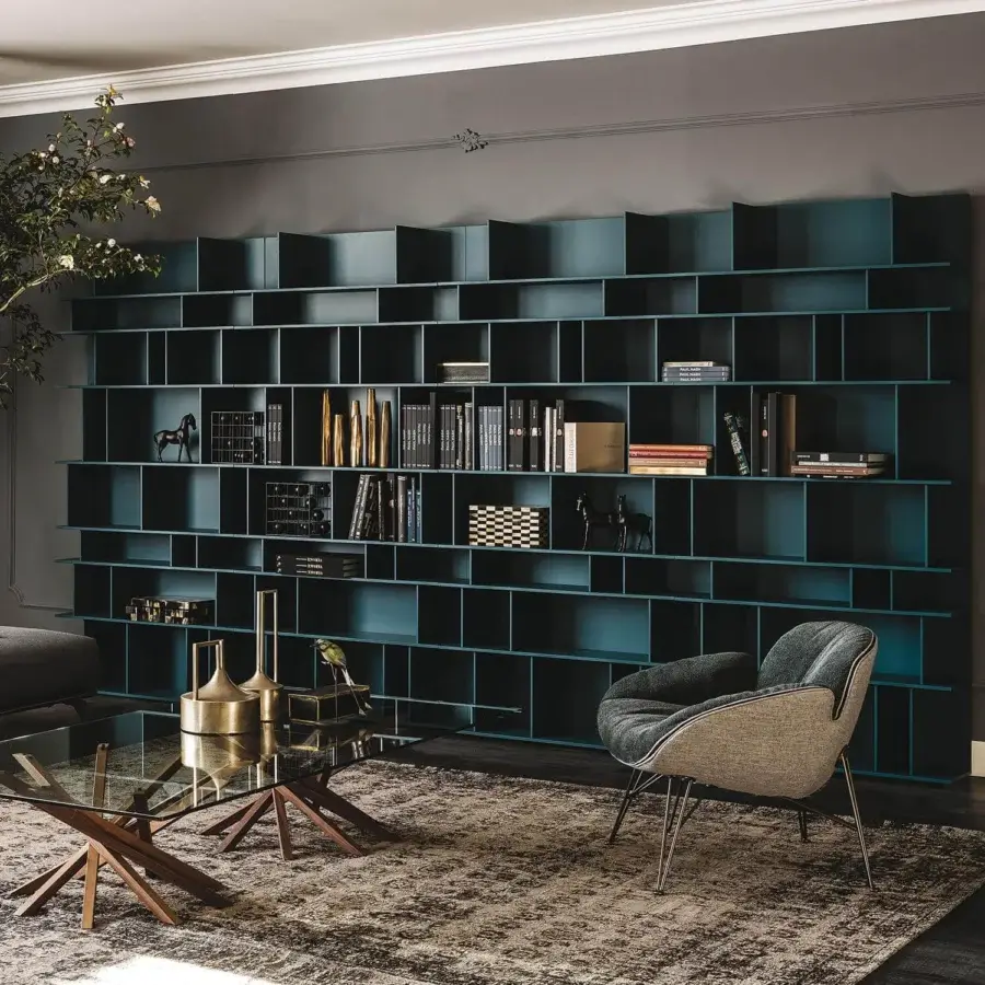 Elegant Cattelan Italia Wally bookcase crafted with embossed MDF in dark teal with lacquered finish