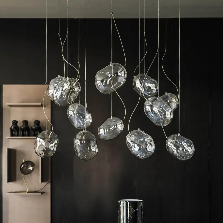 Exceptional Cattelan Italia Cloudine suspension lamp with clusters of blown glass exhibiting glossy, silvery tones and internal distortions