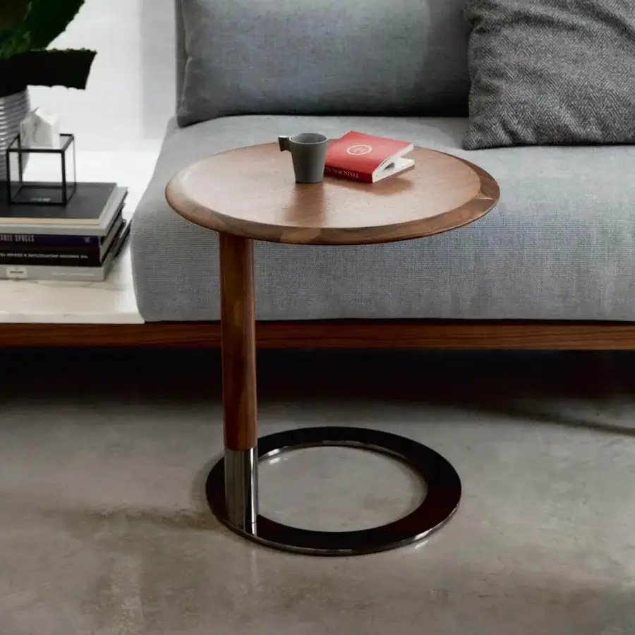 Refined Porada Jok side table with Canaletto walnut top and Black Chromed metal base crafted in a sleek circular design