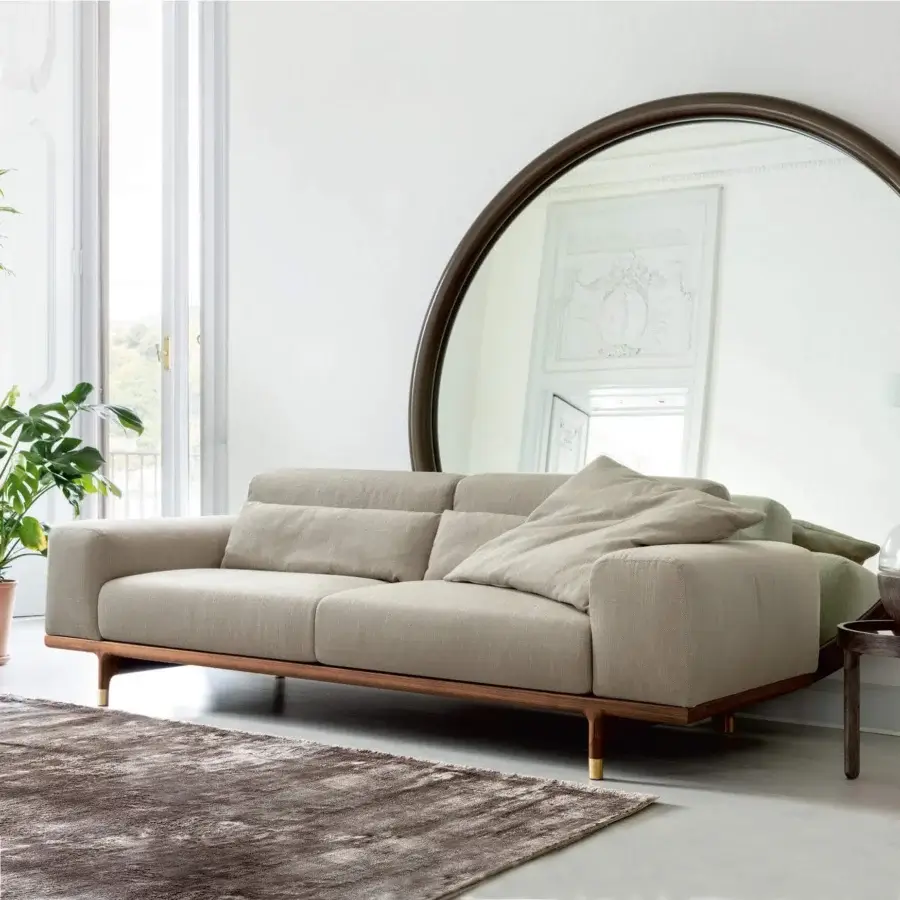 Distinguished Porada Argo sofa with Canaletto walnut structure and neutral beige woven fabric upholstery with brushed brass feet