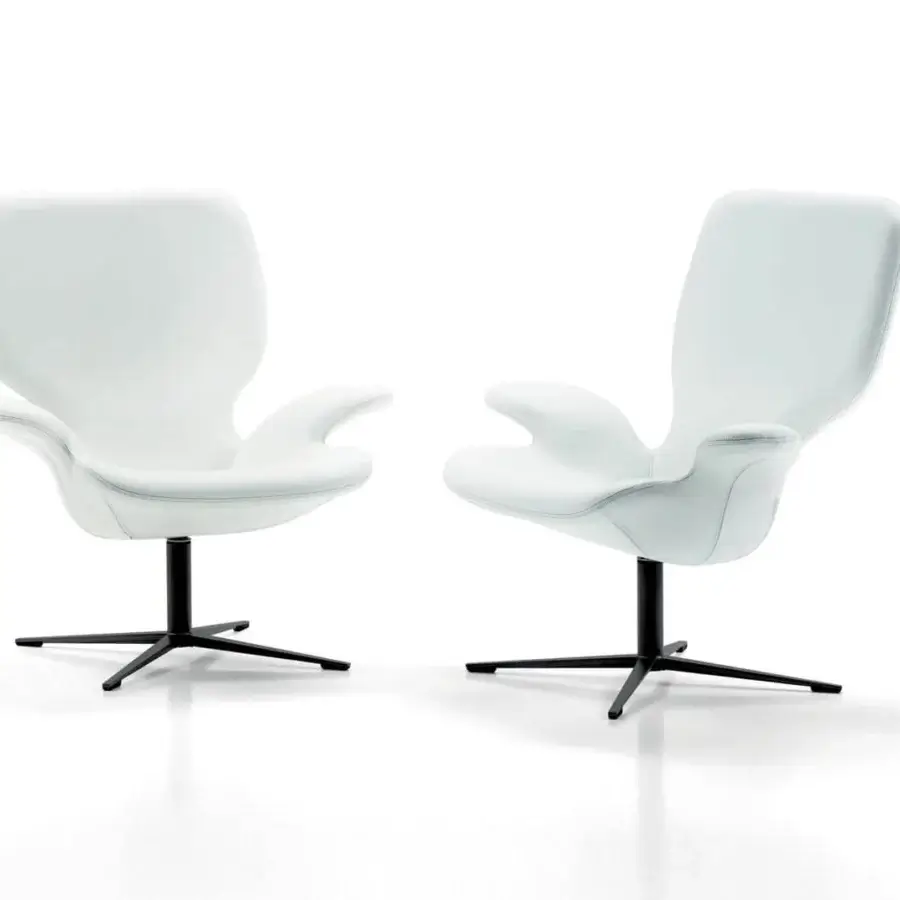 Elegant Presotto Clarke lounge chair with smooth white cover and matt black varnished metal swivel base
