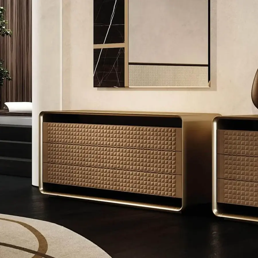 Sophisticated Reflex Oh dresser with shaped wood, quilted textured drawers and satin metallic golden-bronze finish