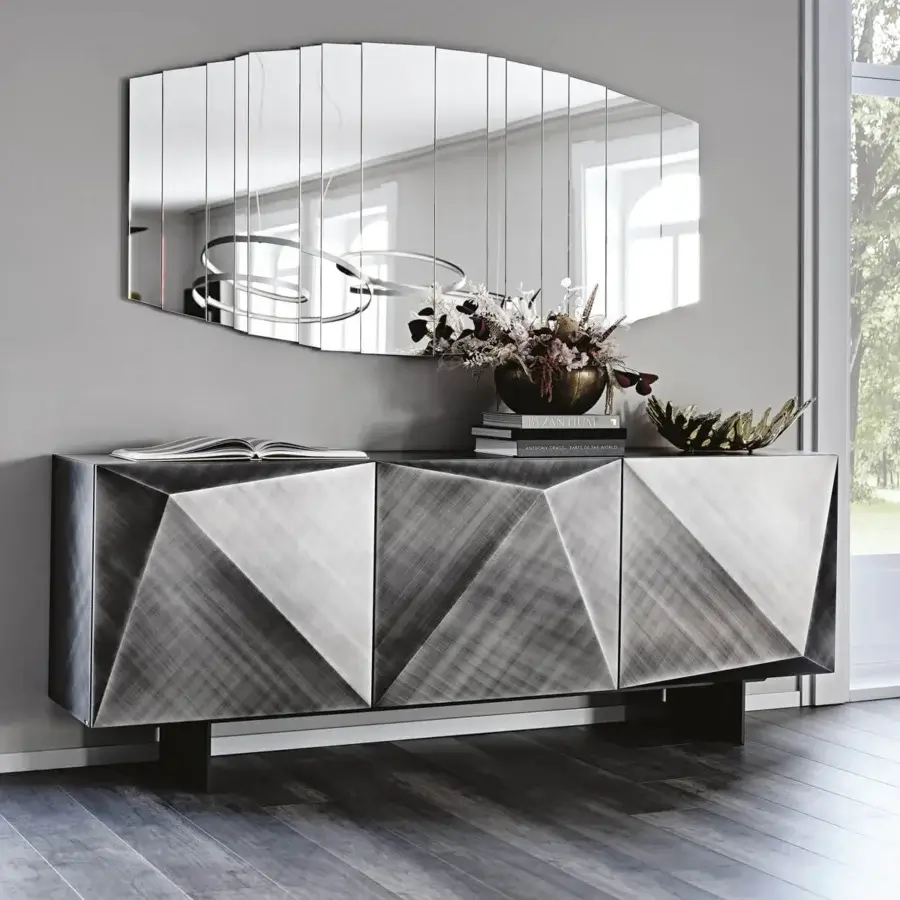 Elegant Cattelan Italia Kayak sideboard with polished lacquered gray finish and geometric doors built in Italy