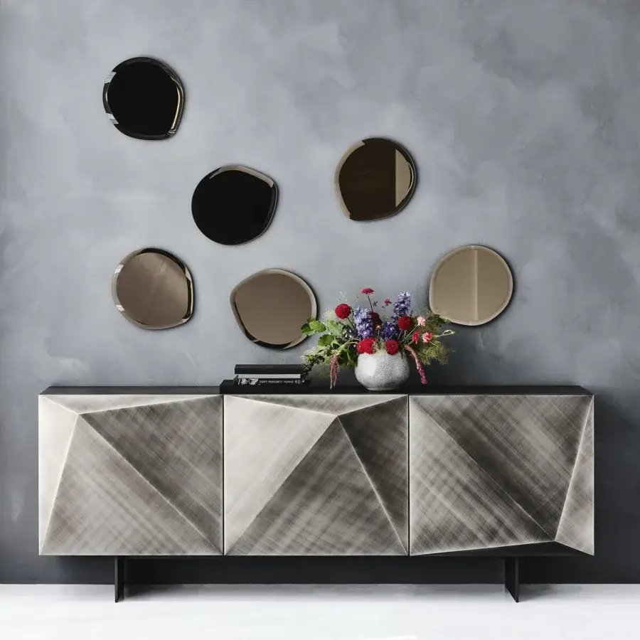Distinguished Cattelan Italia Kayak sideboard with faceted polished lacquered wood in gray and sleek black metal feet