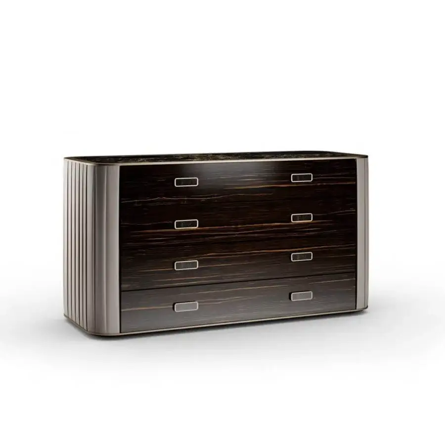 Exceptional Reflex Plissé dresser with wooden structure, shiny Ebony wood finish and pleated fabric upholstery