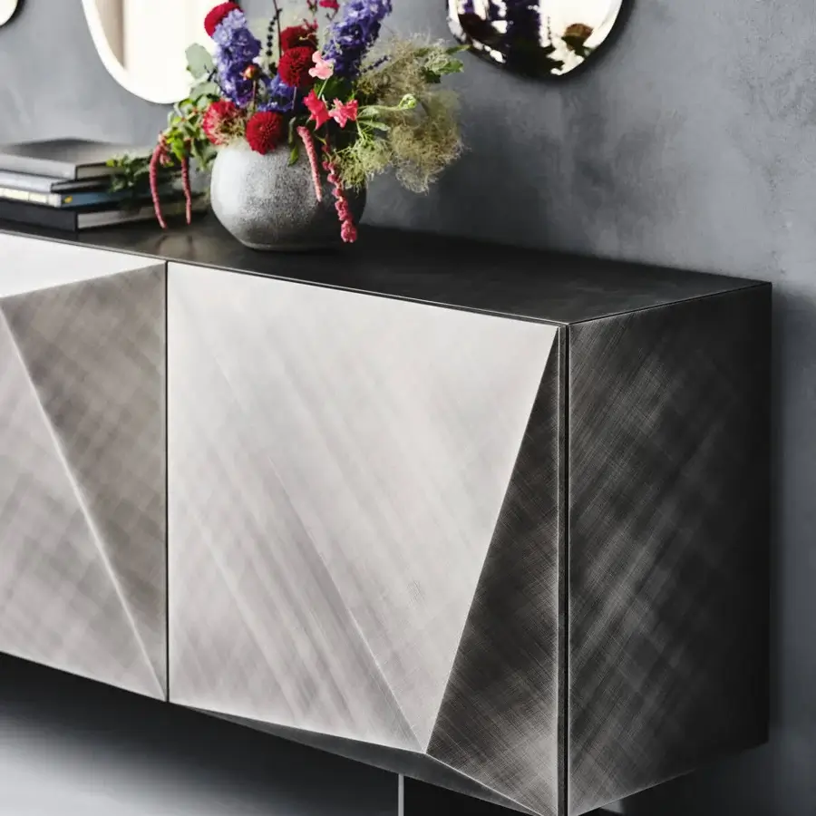 Exceptional Cattelan Italia Kayak sideboard with angular polished lacquered wood in gradient grays and sleek metal feet