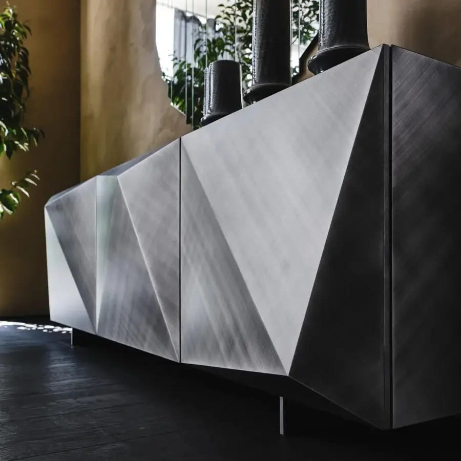 Elegant Cattelan Italia Kayak sideboard with angular doors in polished lacquered gray wood and sleek metal feet