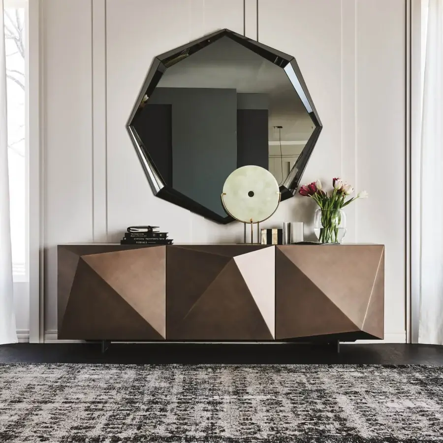 Elegant Cattelan Italia Kayak sideboard with warm bronze polished lacquered wood and clear glass shelving