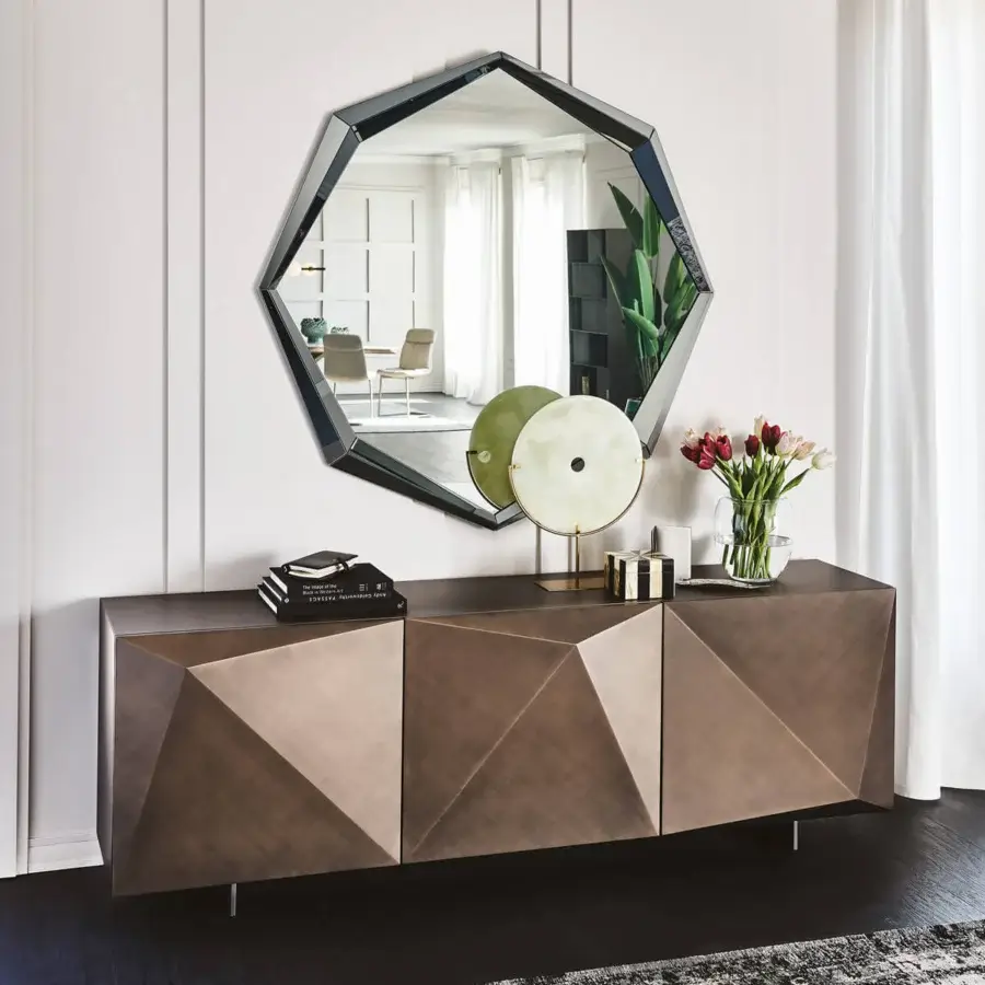 Distinguished Cattelan Italia Kayak sideboard with angular polished lacquered wood and slender metal feet in bronze finish