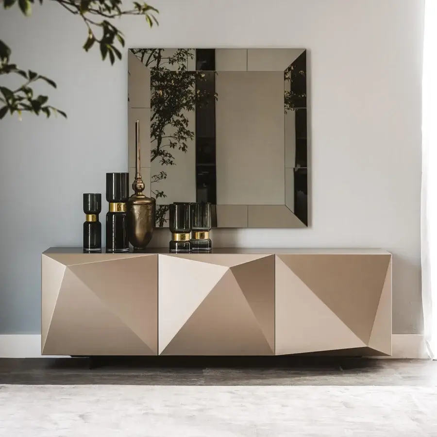 Distinguished Cattelan Italia Kayak sideboard with geometric light beige polished lacquer doors and clear glass shelves