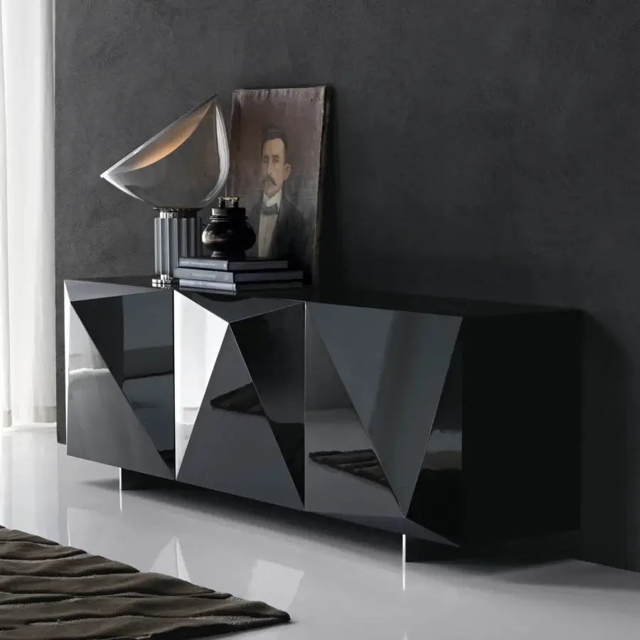 Exclusive Cattelan Italia Kayak sideboard with geometric polished black lacquer and clear glass shelves