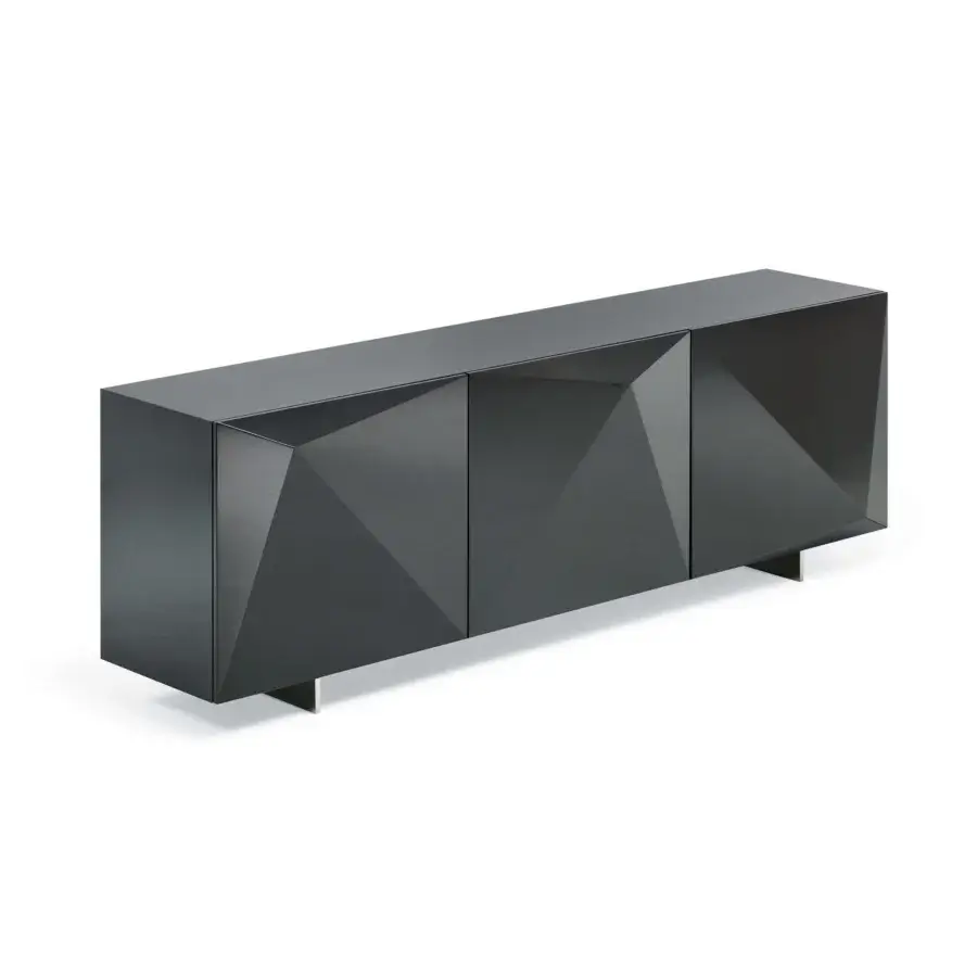 Elegant Cattelan Italia Kayak sideboard with angular dark gray lacquered wood and minimalist metal base supporting faceted doors