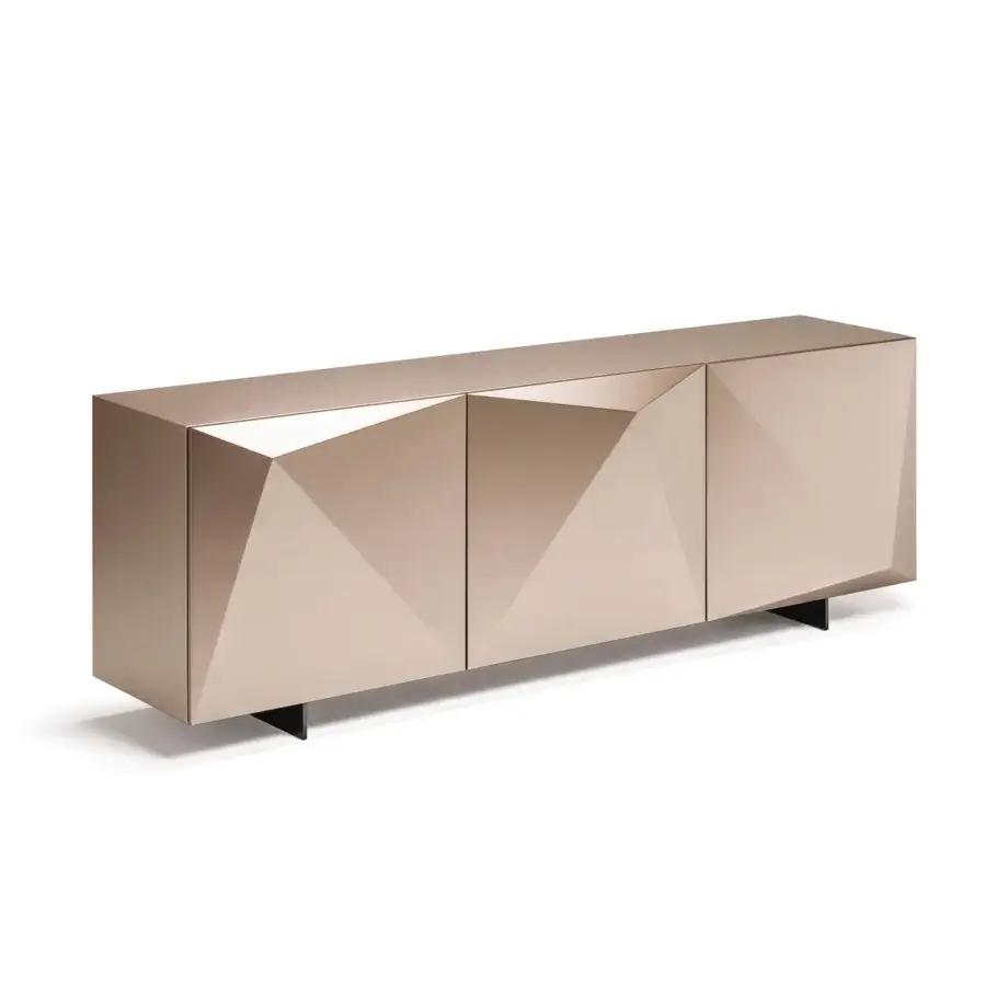 Distinguished Cattelan Italia Kayak sideboard with triangular facets, polished light tan lacquered wood and sleek metal feet
